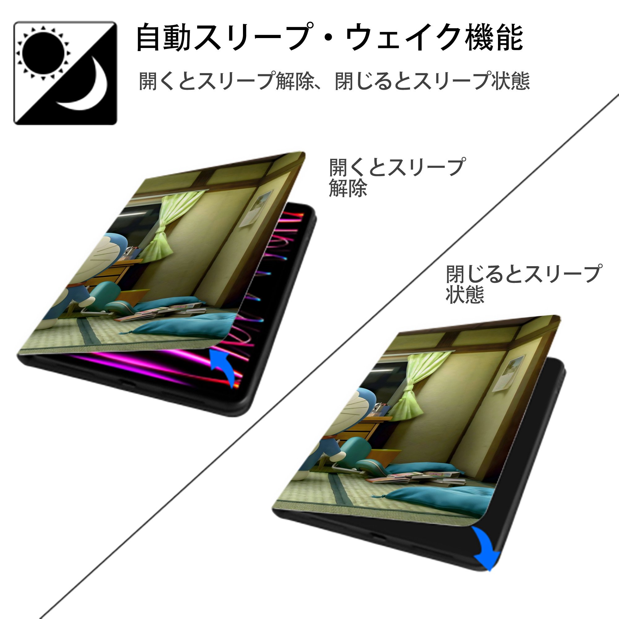 ドラえもん Doraemon IPad ケース ブック型 PUレザー TPU 耐衝撃 軽量 薄型 ペン収納なし 全面保護 IPad 各モデル対応