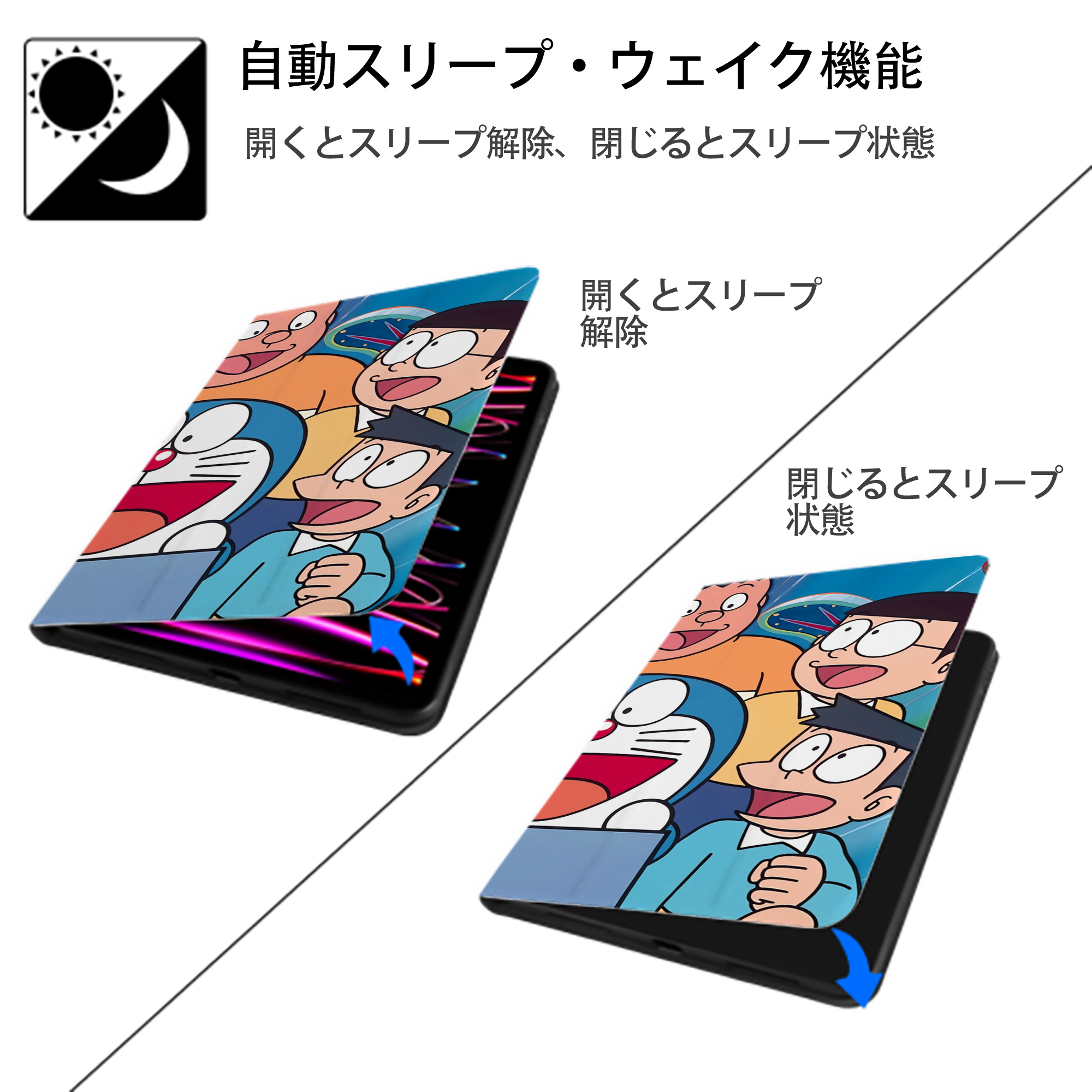 ドラえもん Doraemon IPad ケース ブック型 PUレザー TPU 耐衝撃 軽量 薄型 ペン収納なし 全面保護 IPad 各モデル対応