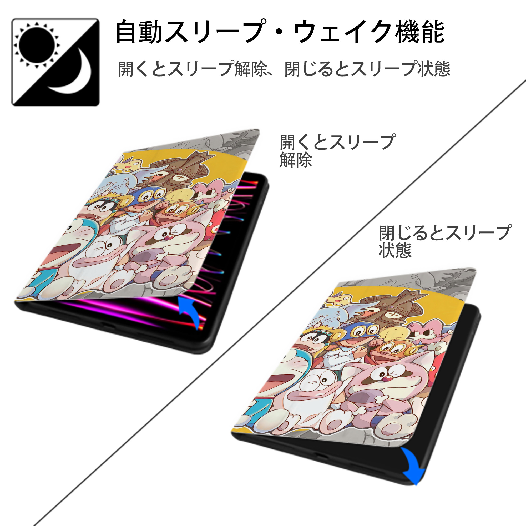 ドラえもん Doraemon IPad ケース ブック型 PUレザー TPU 耐衝撃 軽量 薄型 ペン収納なし 全面保護 IPad 各モデル対応