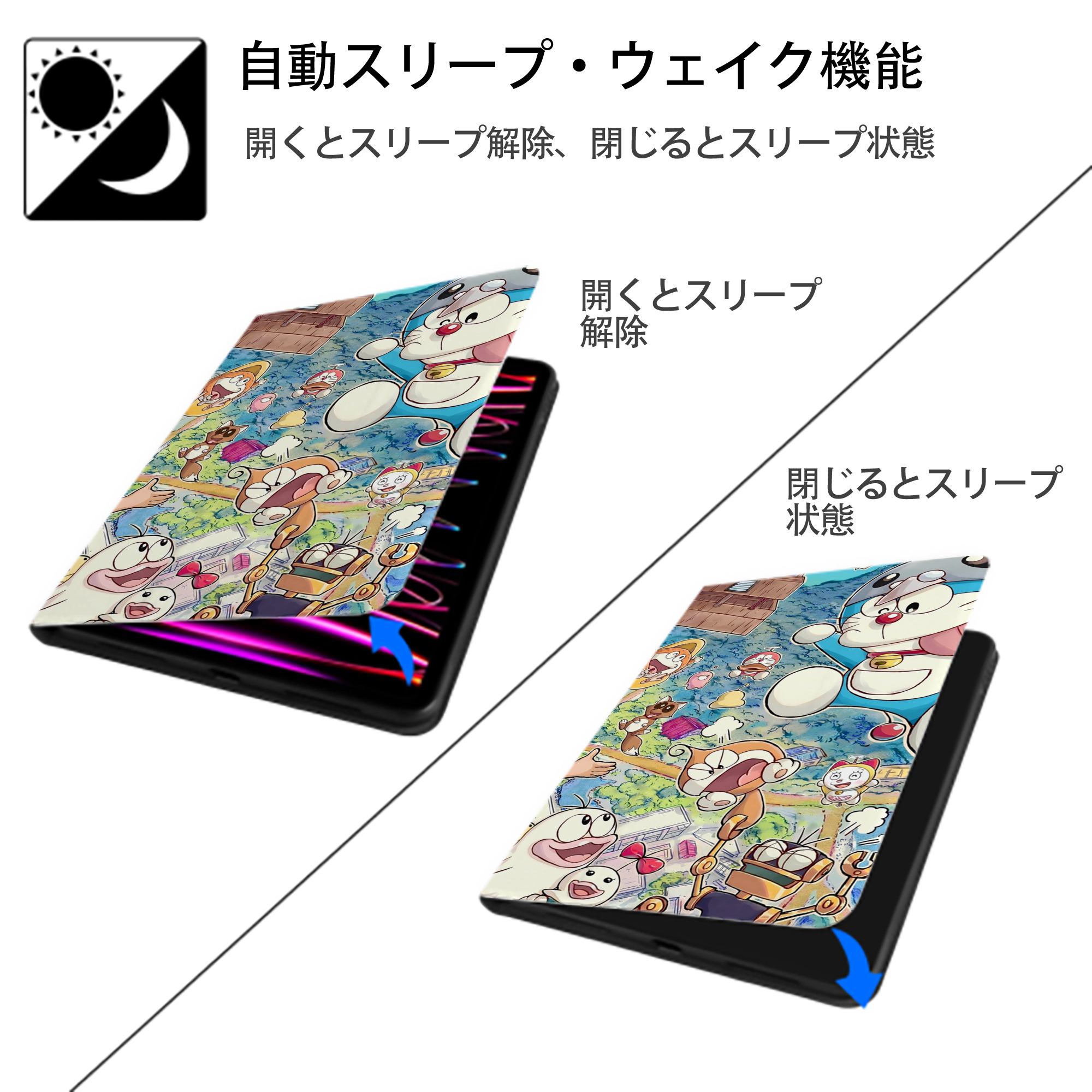 ドラえもん Doraemon IPad ケース ブック型 PUレザー TPU 耐衝撃 軽量 薄型 ペン収納なし 全面保護 IPad 各モデル対応
