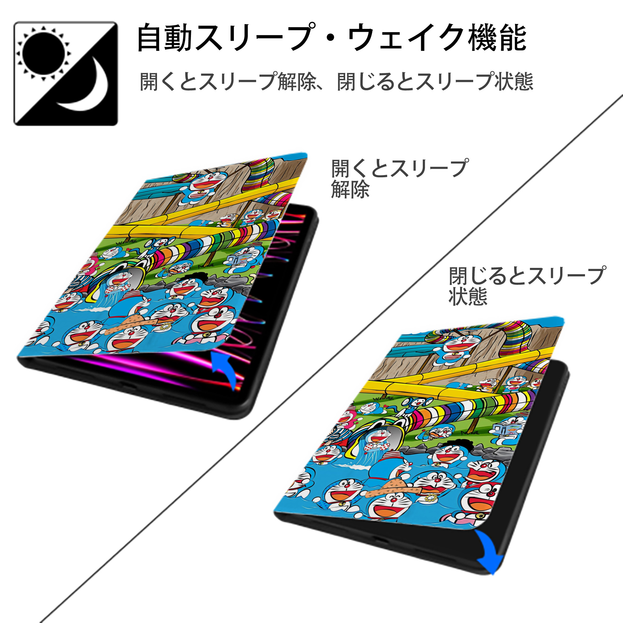 ドラえもん Doraemon IPad ケース ブック型 PUレザー TPU 耐衝撃 軽量 薄型 ペン収納なし 全面保護 IPad 各モデル対応