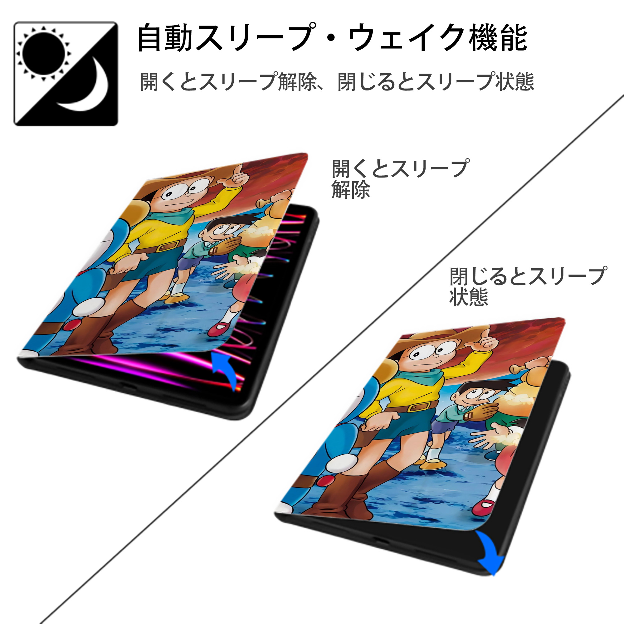 ドラえもん Doraemon IPad ケース ブック型 PUレザー TPU 耐衝撃 軽量 薄型 ペン収納なし 全面保護 IPad 各モデル対応