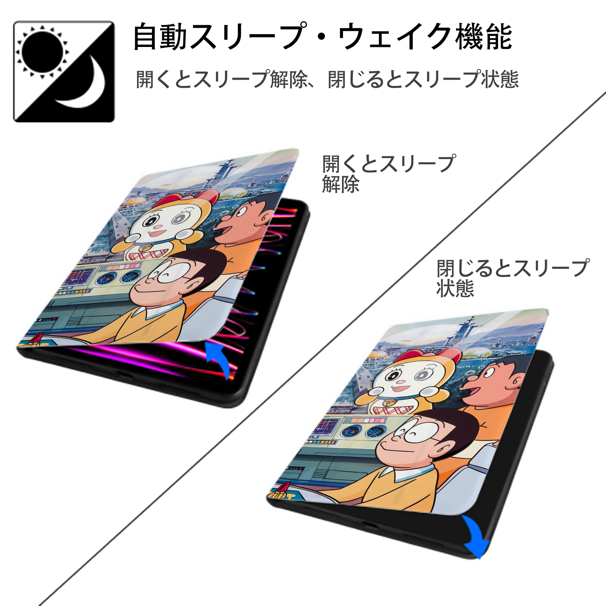 ドラえもん Doraemon IPad ケース ブック型 PUレザー TPU 耐衝撃 軽量 薄型 ペン収納なし 全面保護 IPad 各モデル対応