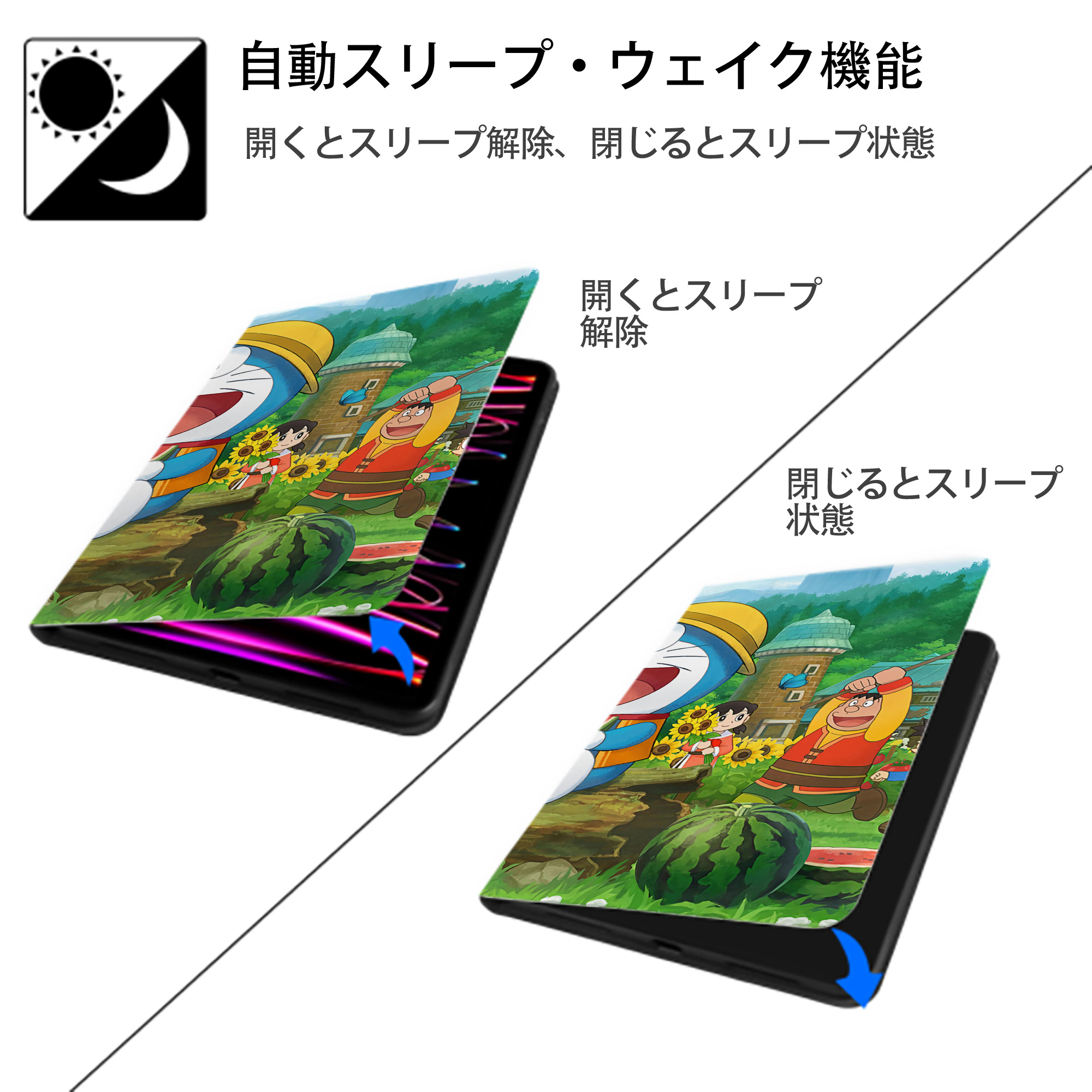 ドラえもん Doraemon IPad ケース ブック型 PUレザー TPU 耐衝撃 軽量 薄型 ペン収納なし 全面保護 IPad 各モデル対応