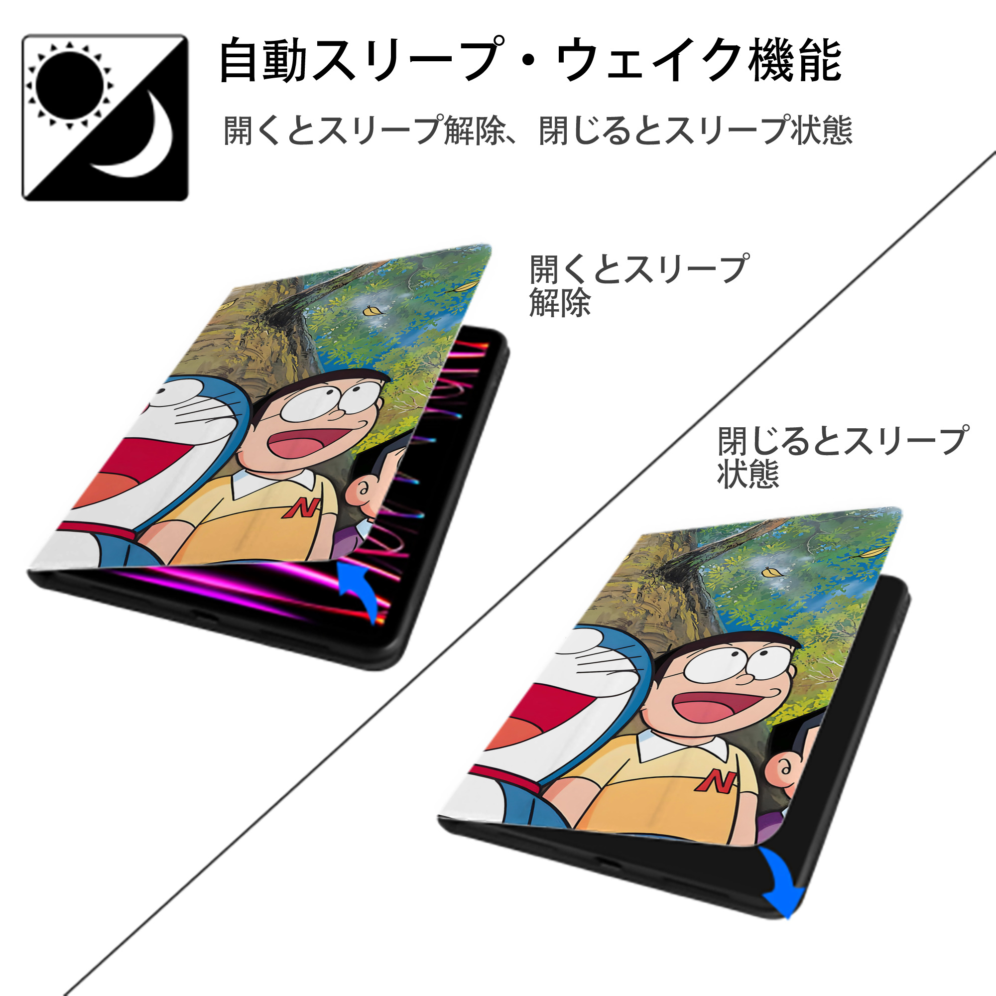 ドラえもん Doraemon IPad ケース ブック型 PUレザー TPU 耐衝撃 軽量 薄型 ペン収納なし 全面保護 IPad 各モデル対応
