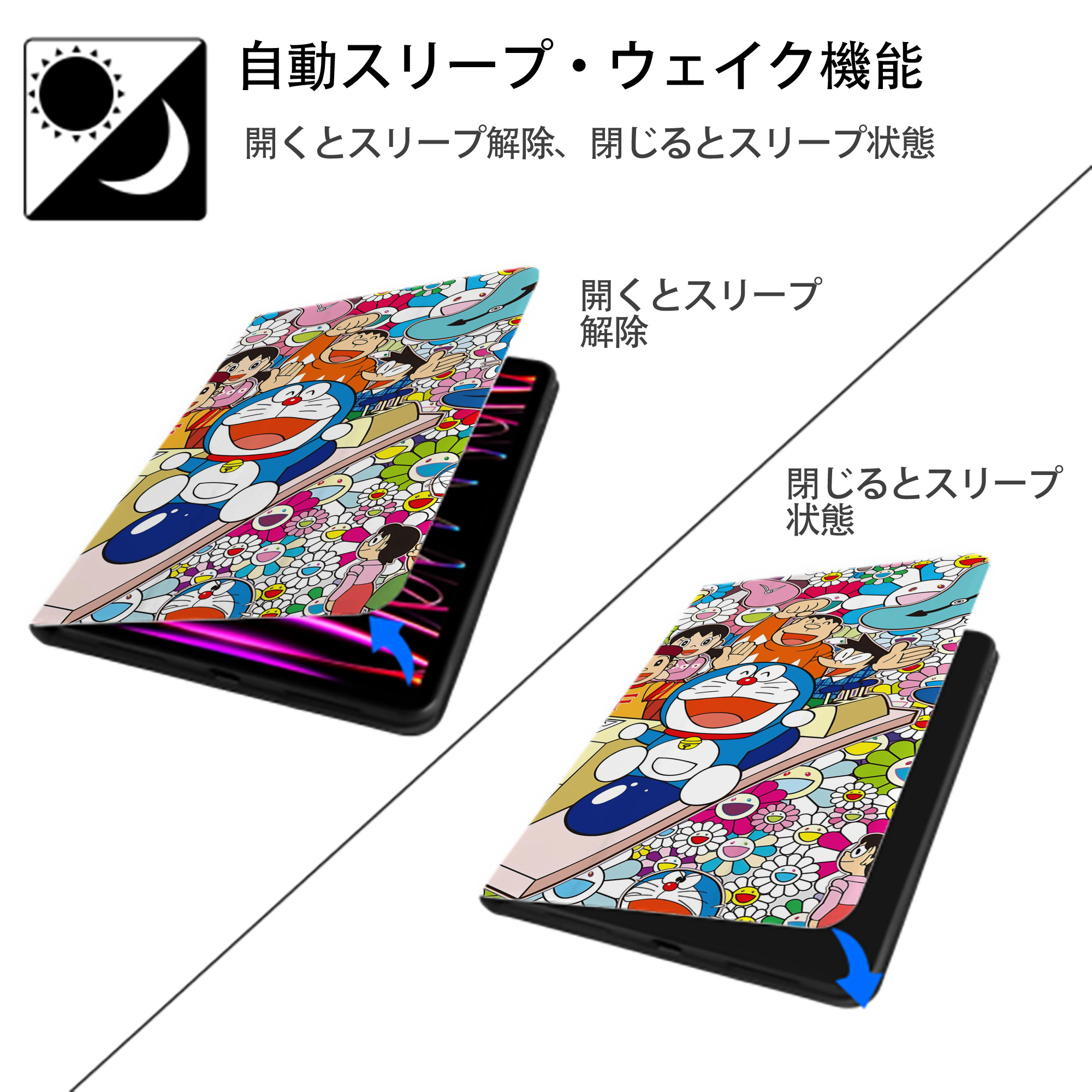 ドラえもん Doraemon IPad ケース ブック型 PUレザー TPU 耐衝撃 軽量 薄型 ペン収納なし 全面保護 IPad 各モデル対応