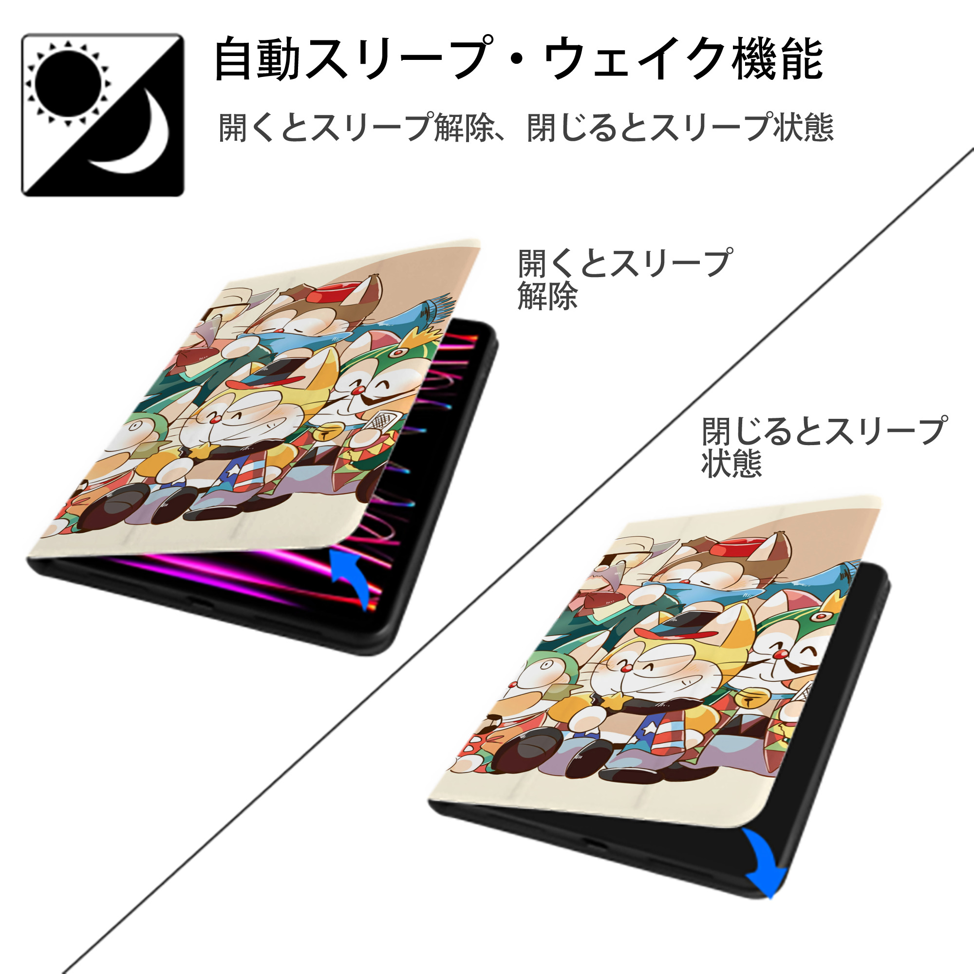 ドラえもん Doraemon IPad ケース ブック型 PUレザー TPU 耐衝撃 軽量 薄型 ペン収納なし 全面保護 IPad 各モデル対応