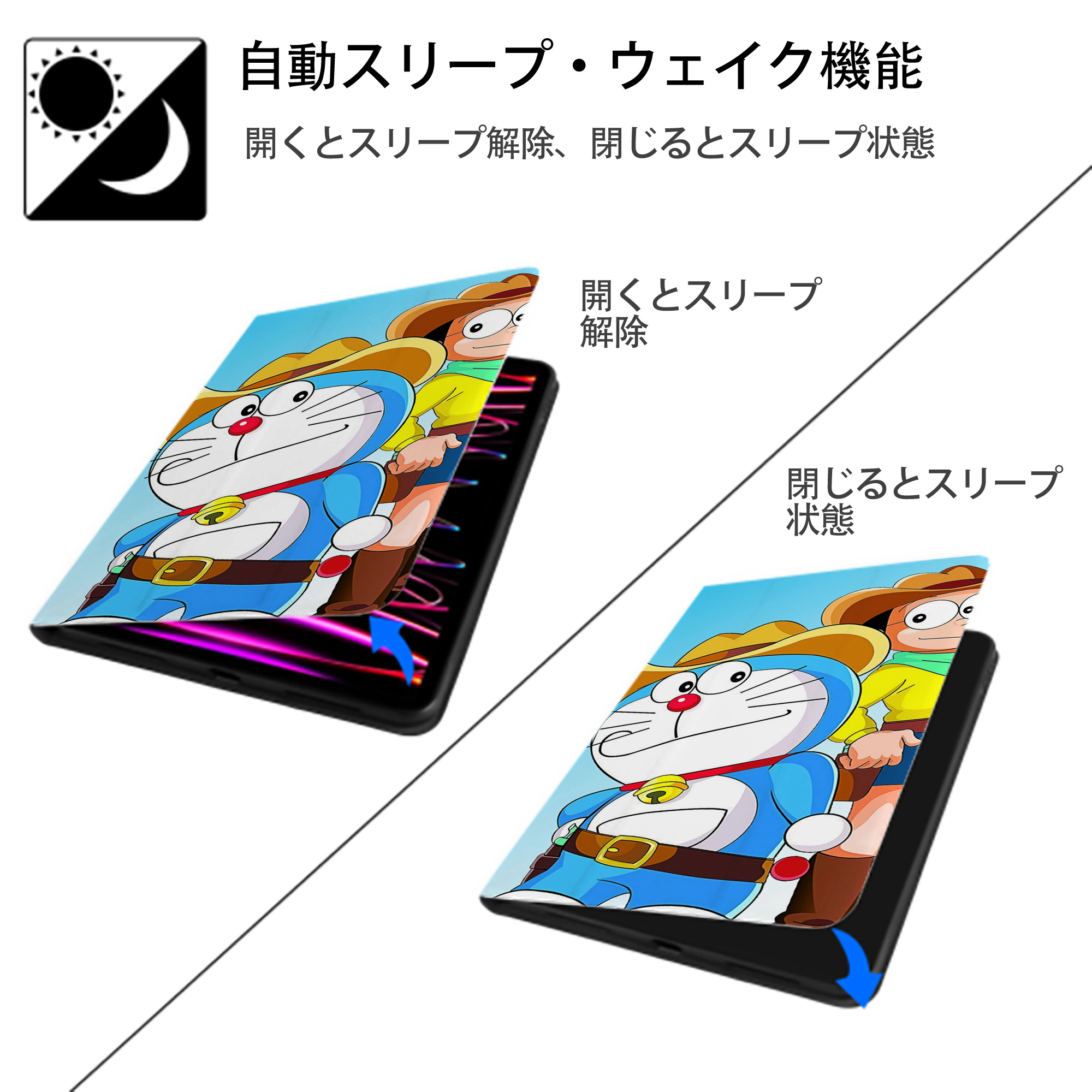 ドラえもん Doraemon IPad ケース ブック型 PUレザー TPU 耐衝撃 軽量 薄型 ペン収納なし 全面保護 IPad 各モデル対応