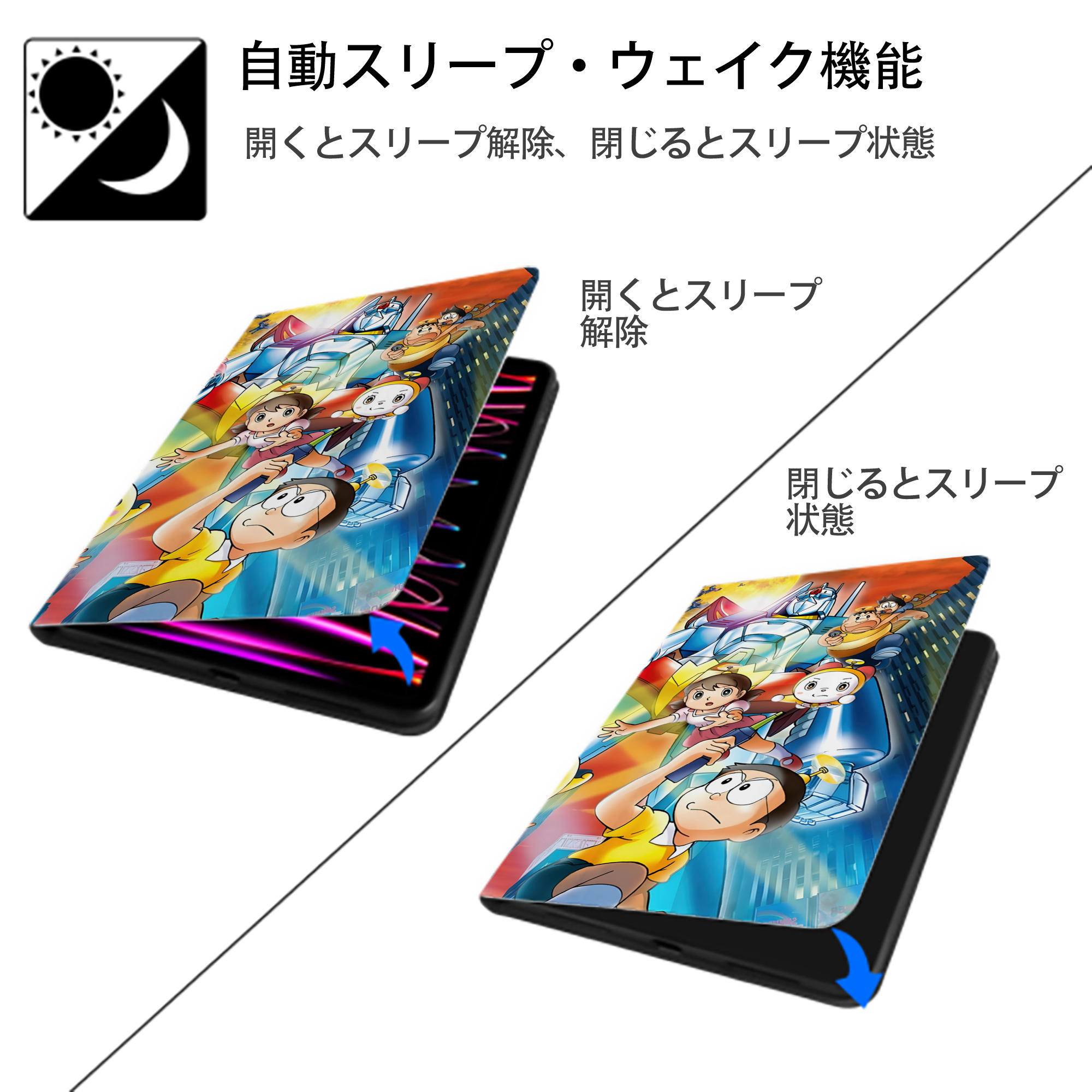 ドラえもん Doraemon IPad ケース ブック型 PUレザー TPU 耐衝撃 軽量 薄型 ペン収納なし 全面保護 IPad 各モデル対応