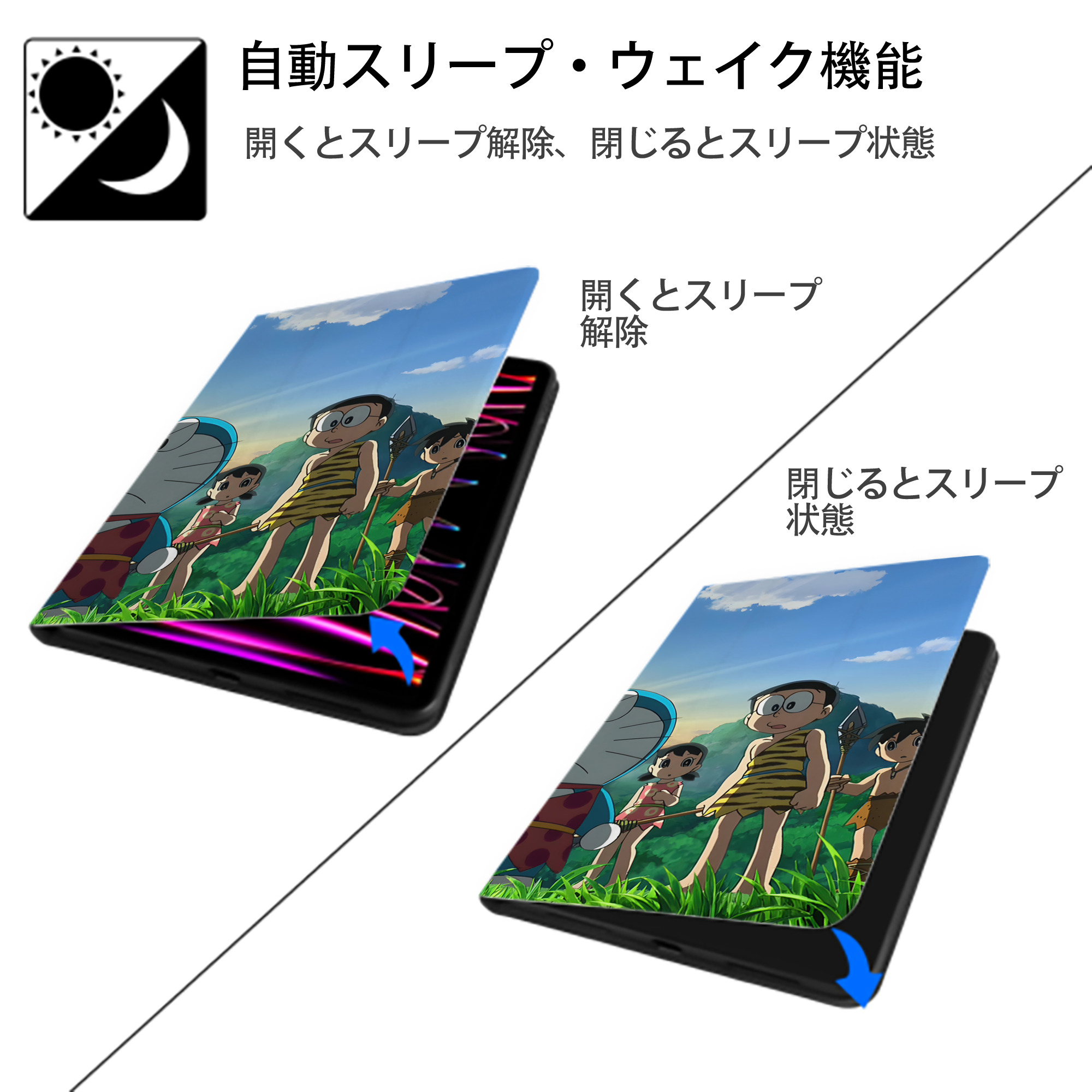 ドラえもん Doraemon IPad ケース ブック型 PUレザー TPU 耐衝撃 軽量 薄型 ペン収納なし 全面保護 IPad 各モデル対応