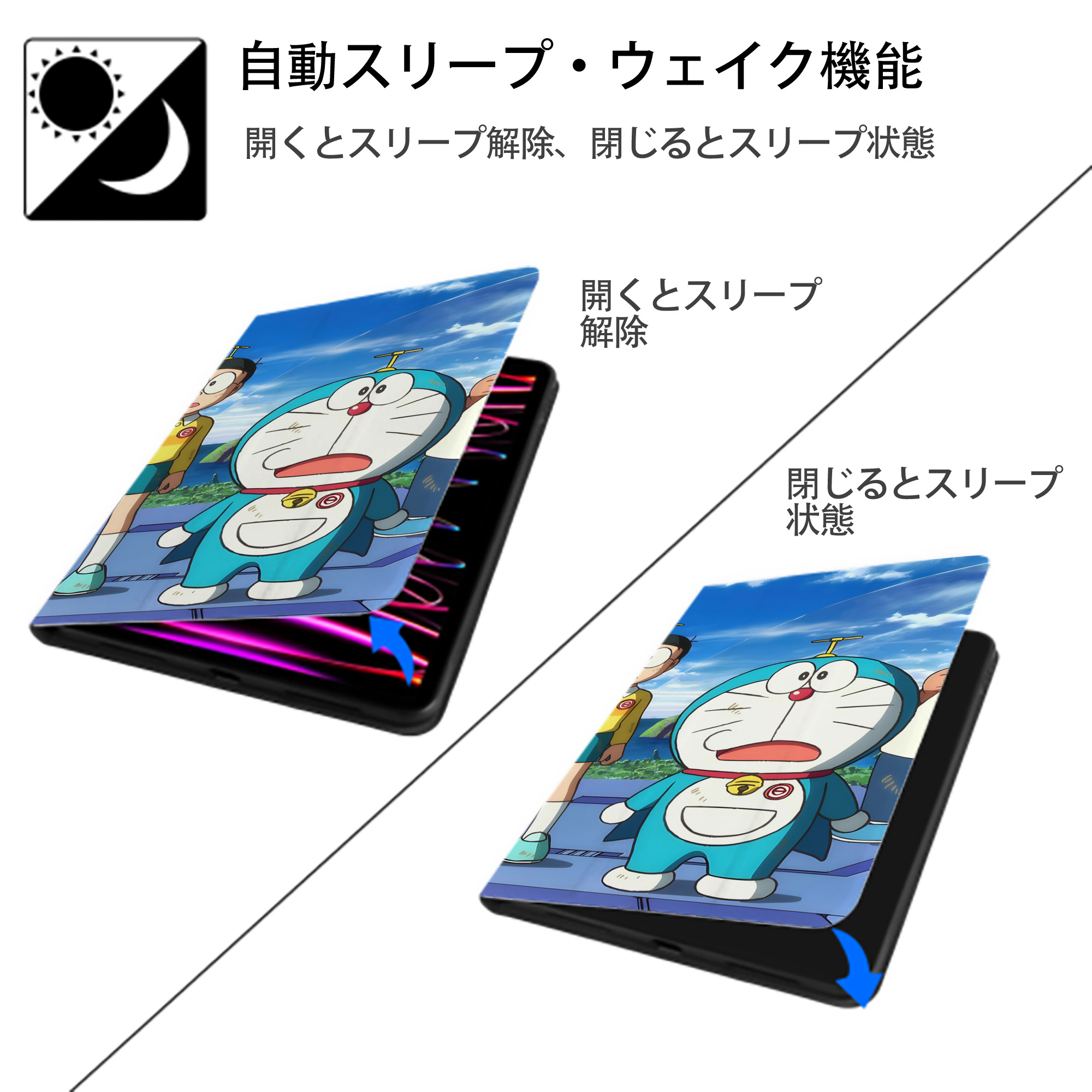 ドラえもん Doraemon IPad ケース ブック型 PUレザー TPU 耐衝撃 軽量 薄型 ペン収納なし 全面保護 IPad 各モデル対応