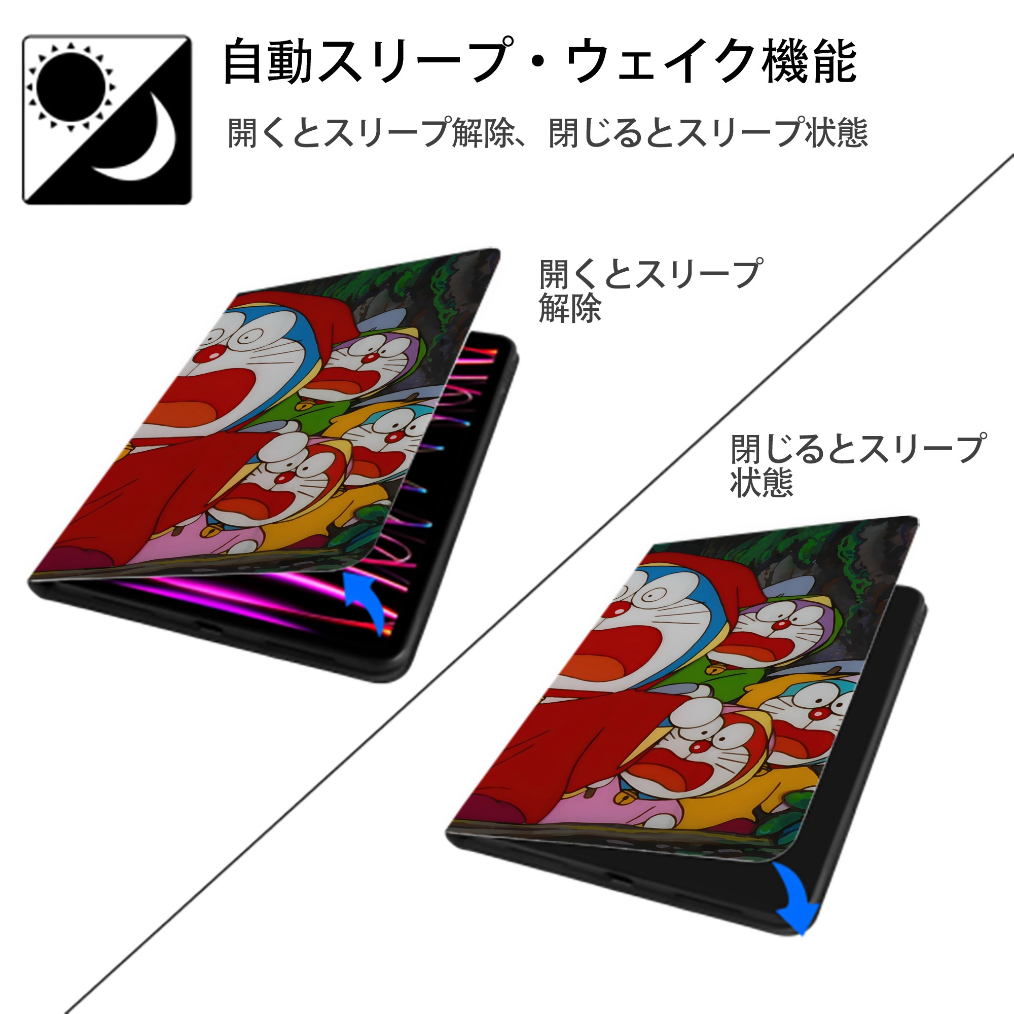 ドラえもん Doraemon IPad ケース ブック型 PUレザー TPU 耐衝撃 軽量 薄型 ペン収納なし 全面保護 IPad 各モデル対応