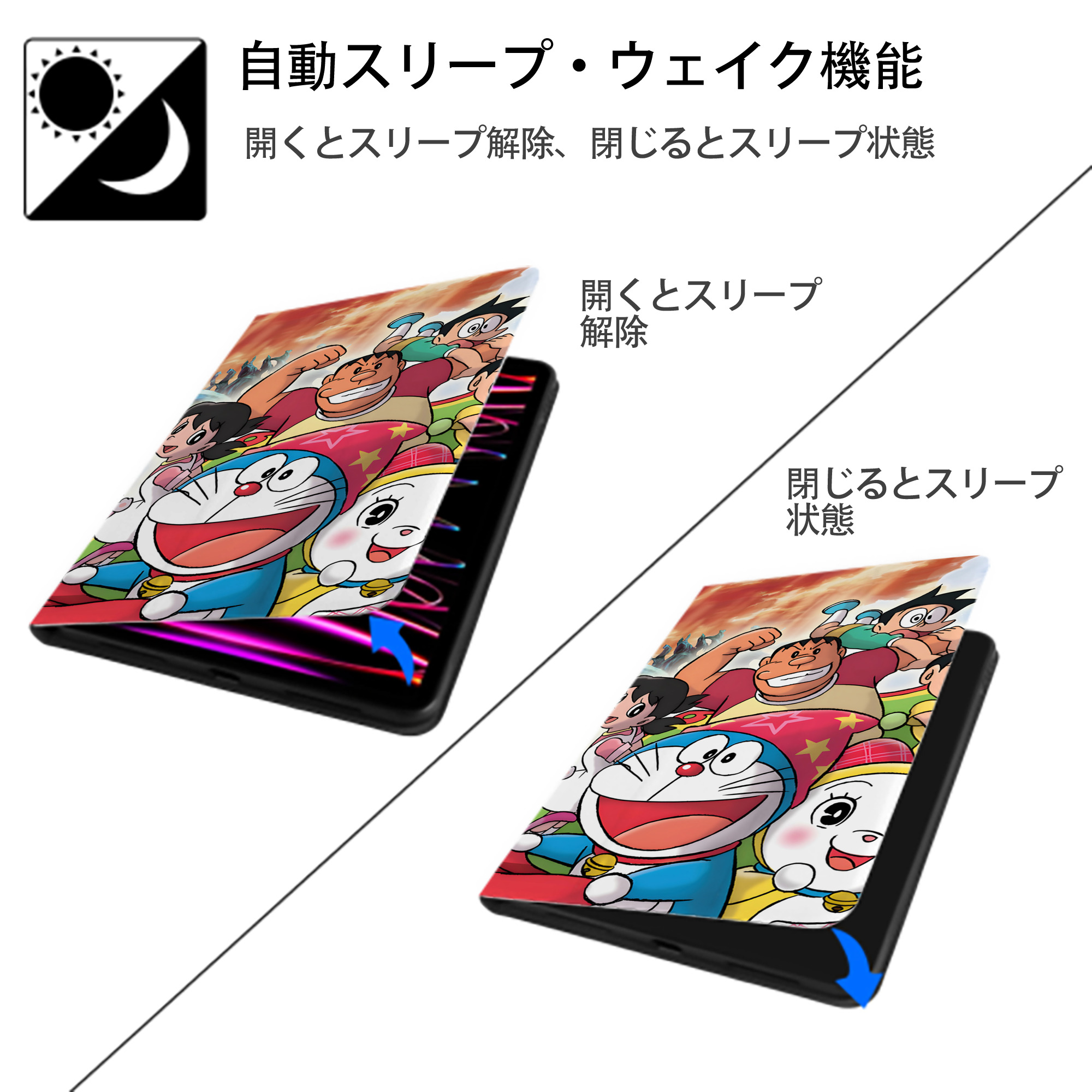 ドラえもん Doraemon IPad ケース ブック型 PUレザー TPU 耐衝撃 軽量 薄型 ペン収納なし 全面保護 IPad 各モデル対応