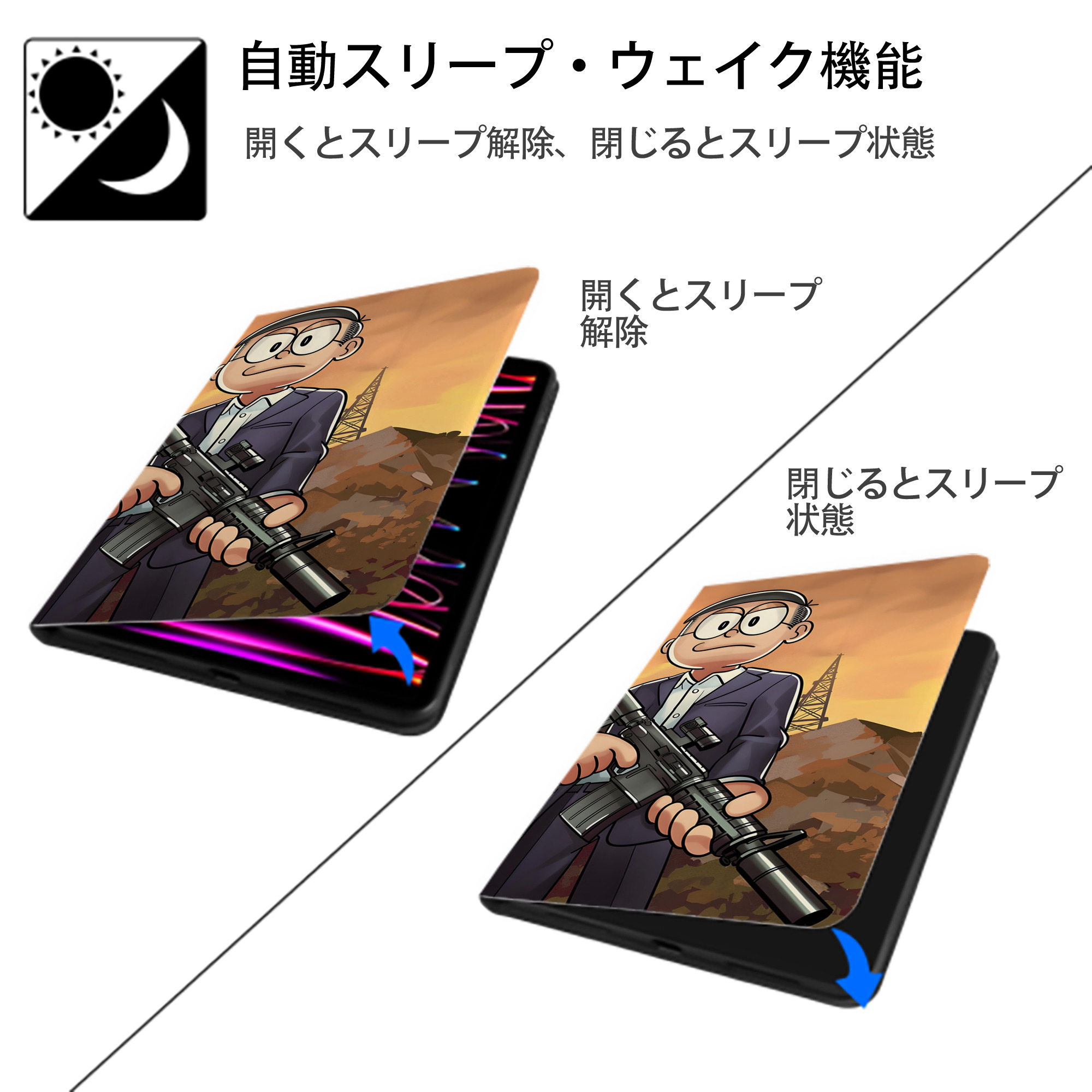 ドラえもん Doraemon IPad ケース ブック型 PUレザー TPU 耐衝撃 軽量 薄型 ペン収納なし 全面保護 IPad 各モデル対応