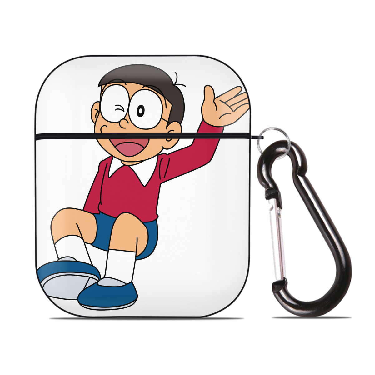 （画像用） ドラえもん 野比 のび太 Doraemon Nobita Nobi AirPods 第2世代保護ケース ハードシェル ブラック 耐衝撃・防指紋・カラビナ付き