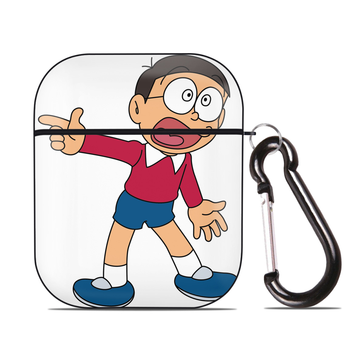 （画像用） ドラえもん 野比 のび太 Doraemon Nobita Nobi AirPods 第2世代保護ケース ハードシェル ブラック 耐衝撃・防指紋・カラビナ付き