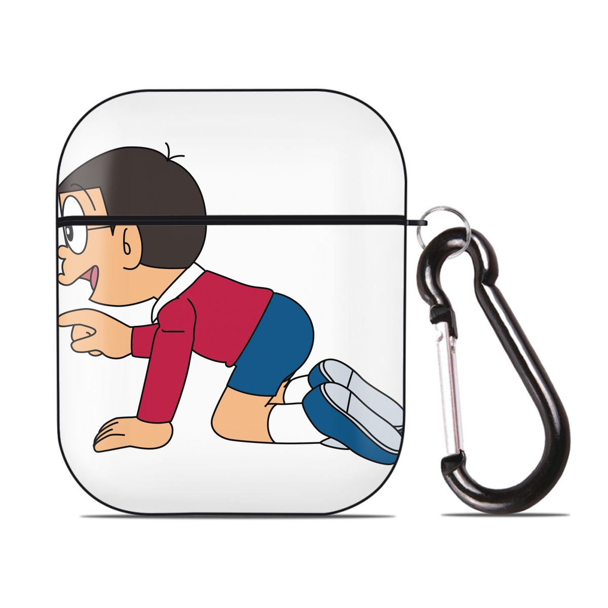 （画像用） ドラえもん 野比 のび太 Doraemon Nobita Nobi AirPods 第2世代保護ケース ハードシェル ブラック 耐衝撃・防指紋・カラビナ付き